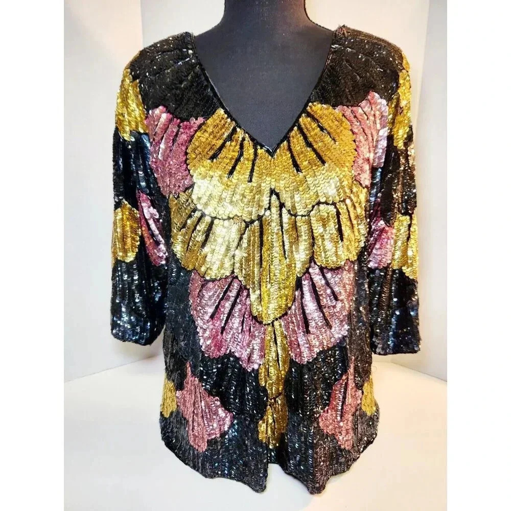 Vintage 1980s Tan-Chho Sequin Silk Blouse Size XL - Picture 2 of 8